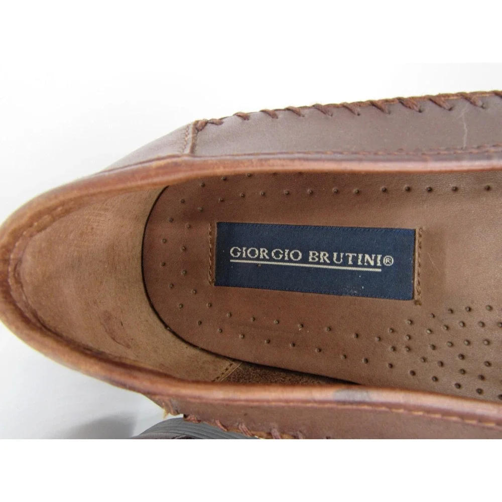Giorgio Brutini Men's Loafers Kiltie Tassel Brown Woven Top Moc Toe Leather 13W